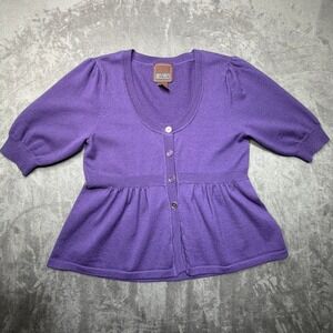 Even Design History 100% Merino Wool Cardigan Sz L Short Puff Sleeve Peplum Y2K